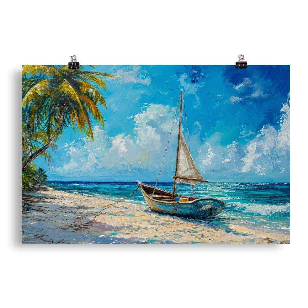 Barbados Beach Palm Trees and Sailboat Tropical Painting Poster - Oh Posters