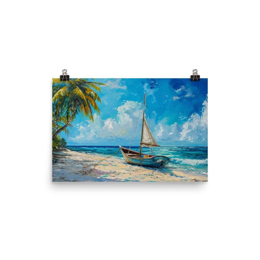 Barbados Beach Palm Trees and Sailboat Tropical Painting Poster - Oh Posters