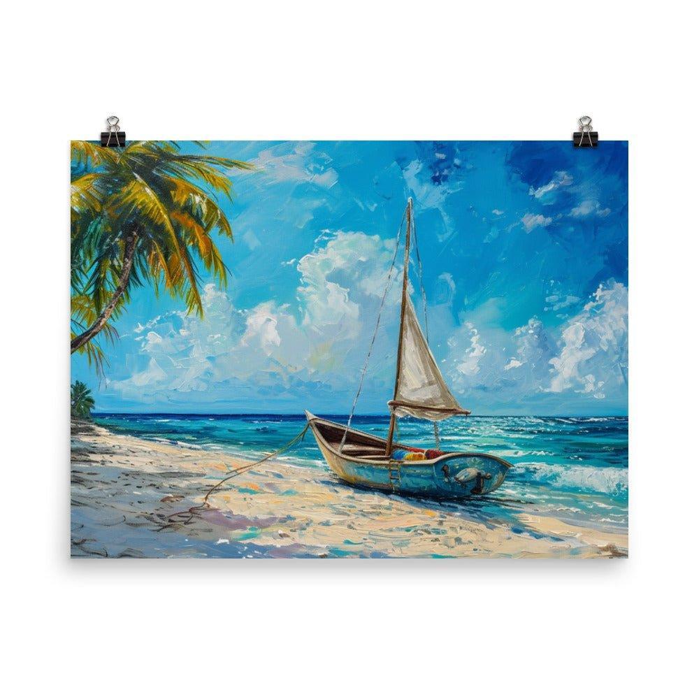 Barbados Beach Palm Trees and Sailboat Tropical Painting Poster - Oh Posters