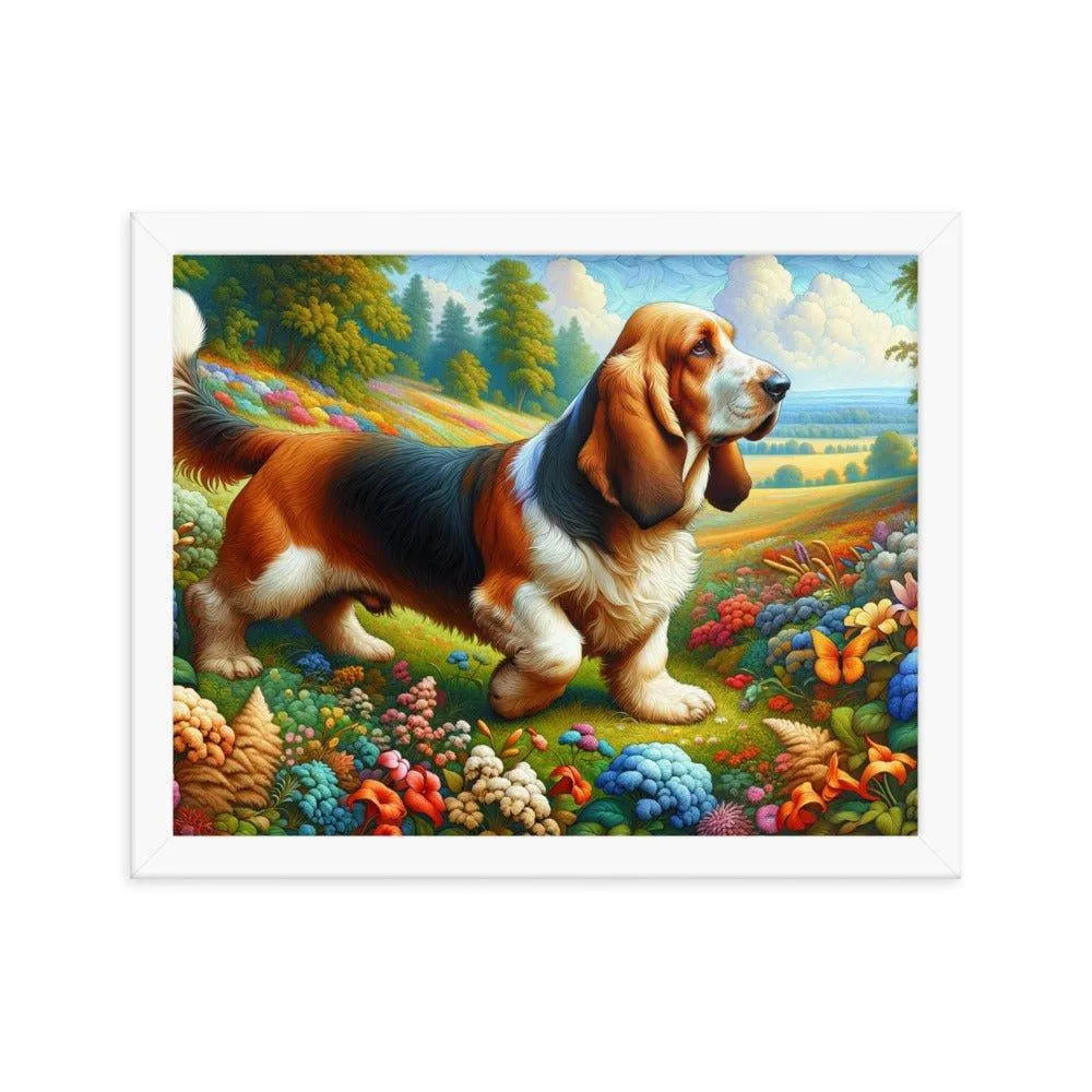 Basset Fauve de Bretagne in Colorful Garden Art Framed Poster - Oh Posters
