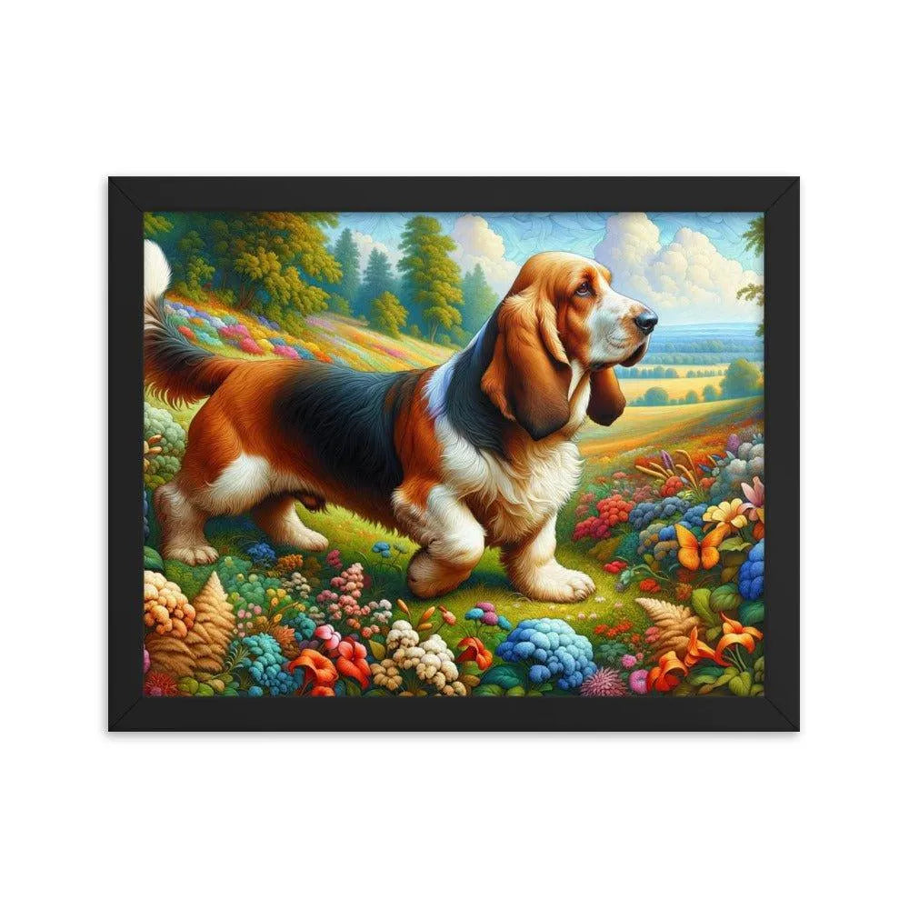 Basset Fauve de Bretagne in Colorful Garden Art Framed Poster - Oh Posters