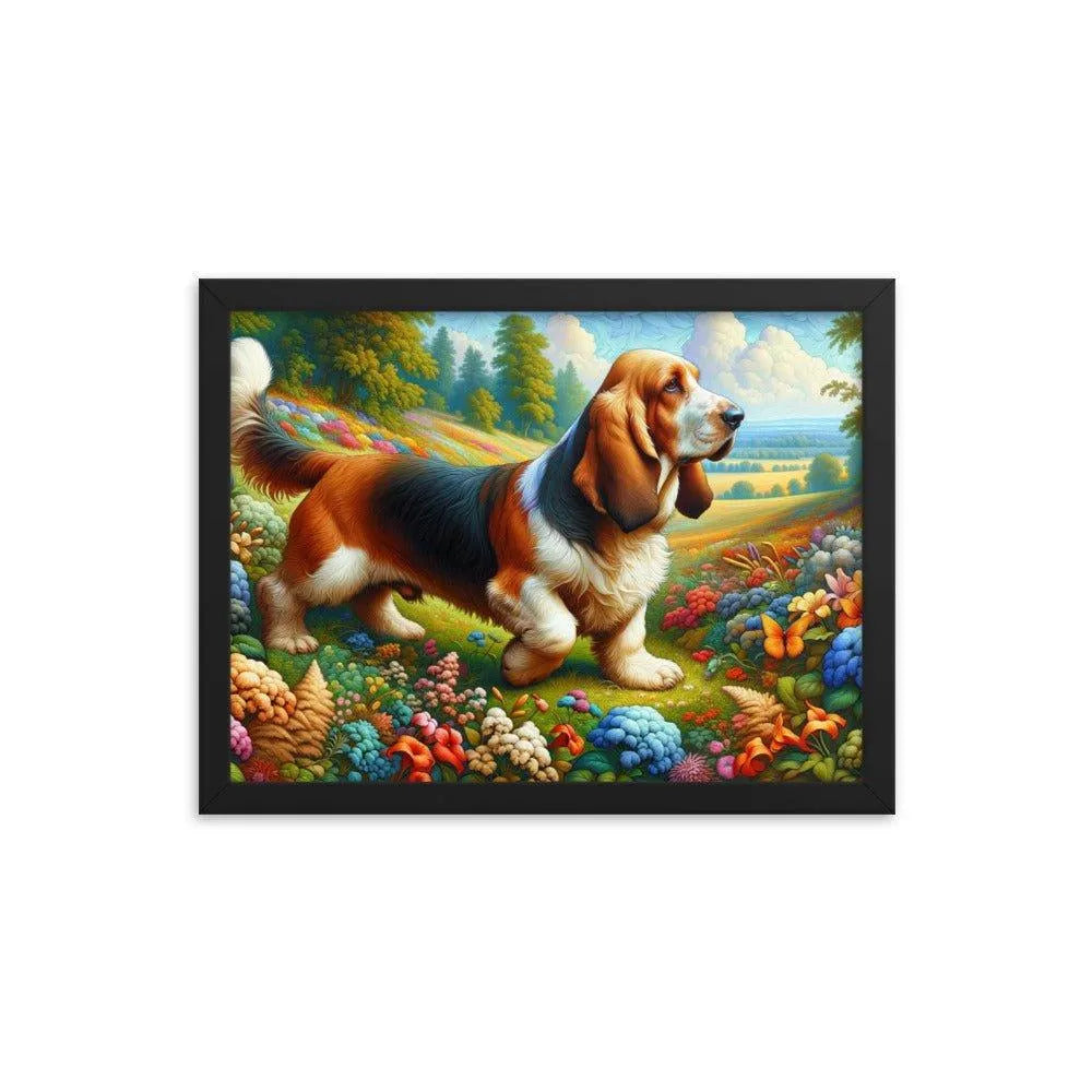 Basset Fauve de Bretagne in Colorful Garden Art Framed Poster - Oh Posters