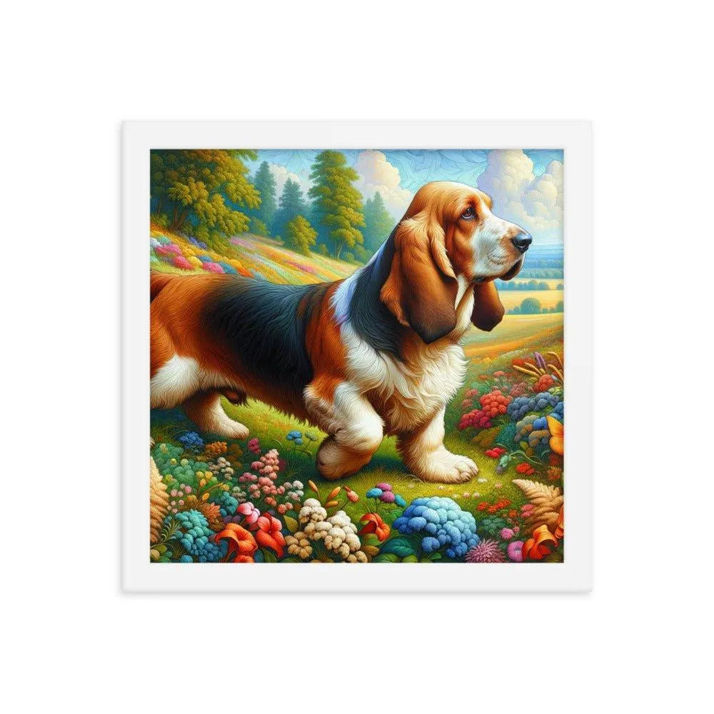 Basset Fauve de Bretagne in Colorful Garden Art Framed Poster - Oh Posters