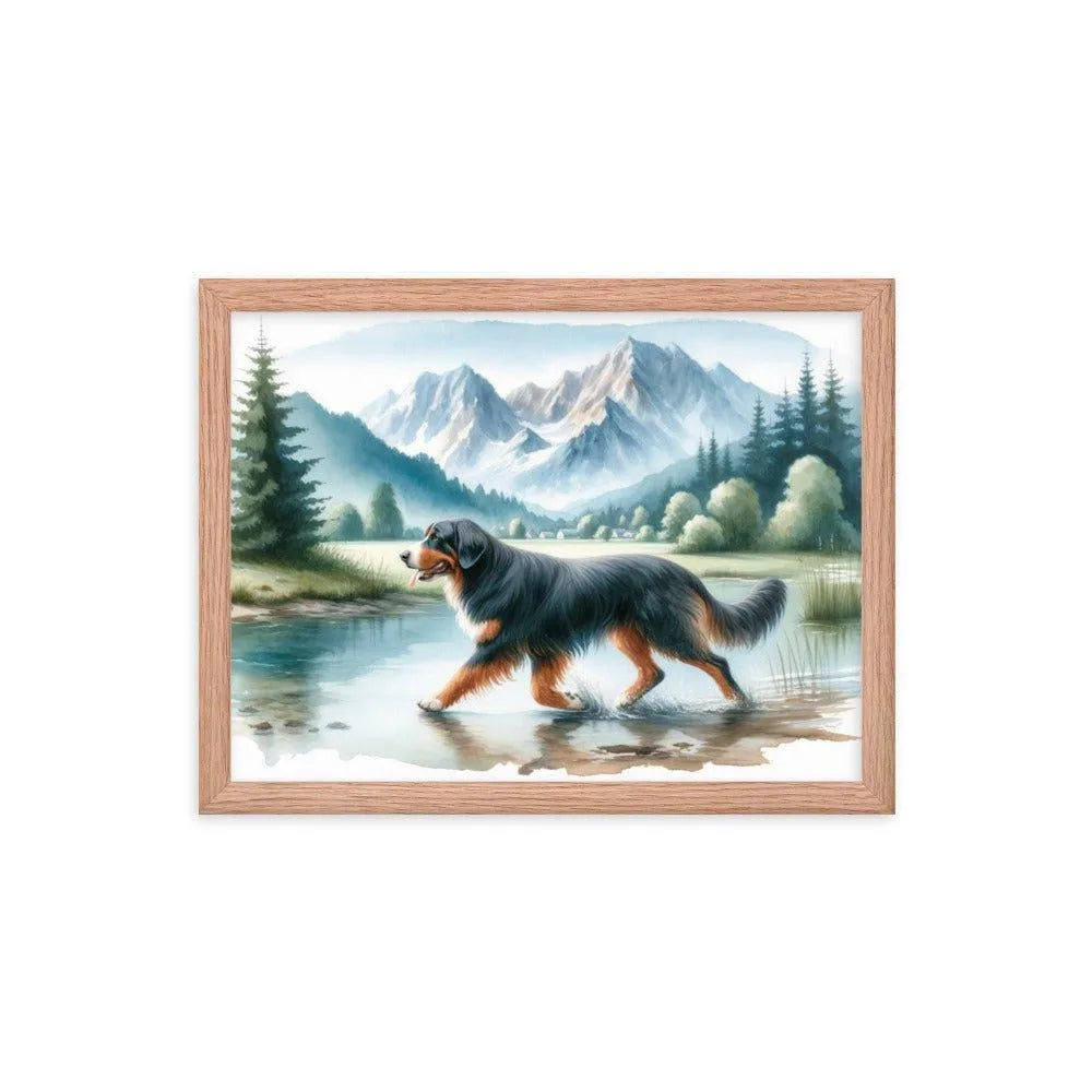 Bavarian Mountain Hound in Mountain Landscape Watercolor Painting Framed Poster - Oh Posters