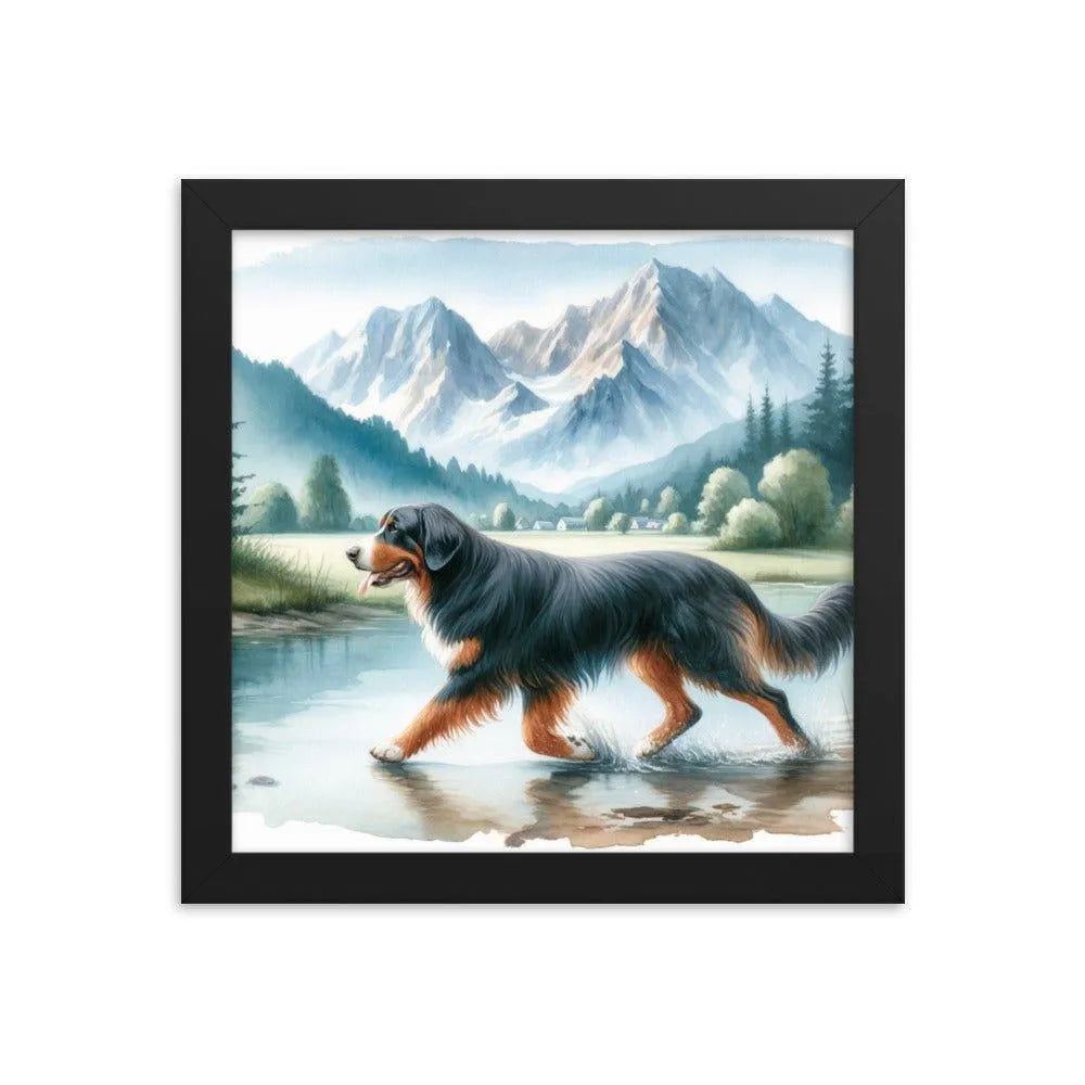 Bavarian Mountain Hound in Mountain Landscape Watercolor Painting Framed Poster - Oh Posters