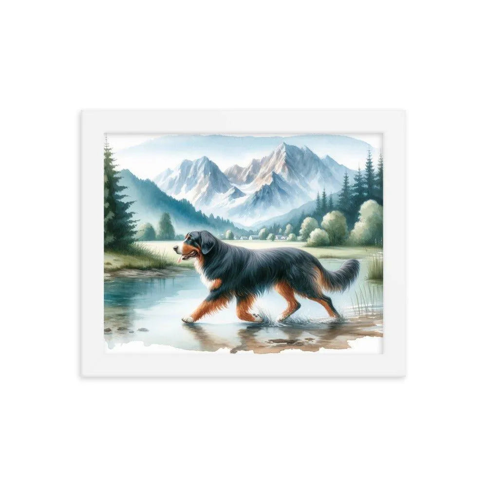 Bavarian Mountain Hound in Mountain Landscape Watercolor Painting Framed Poster - Oh Posters