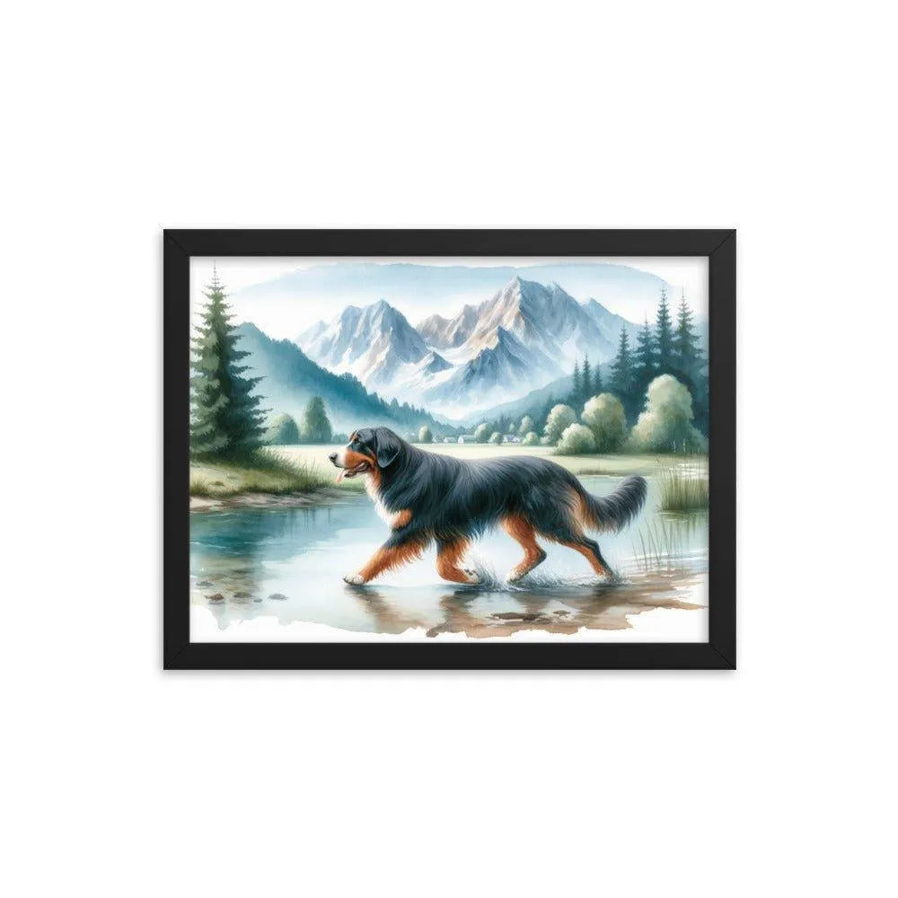 Bavarian Mountain Hound in Mountain Landscape Watercolor Painting Framed Poster - Oh Posters