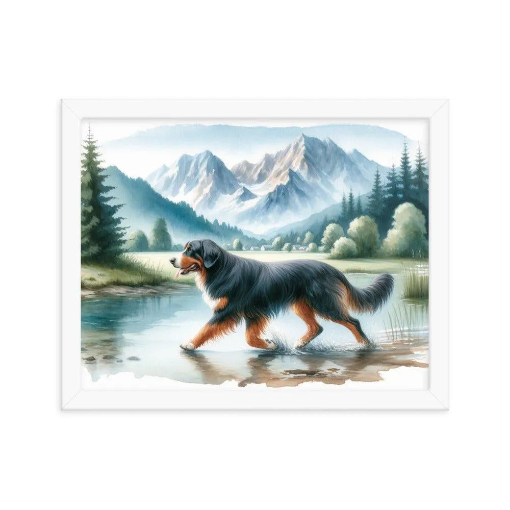 Bavarian Mountain Hound in Mountain Landscape Watercolor Painting Framed Poster - Oh Posters