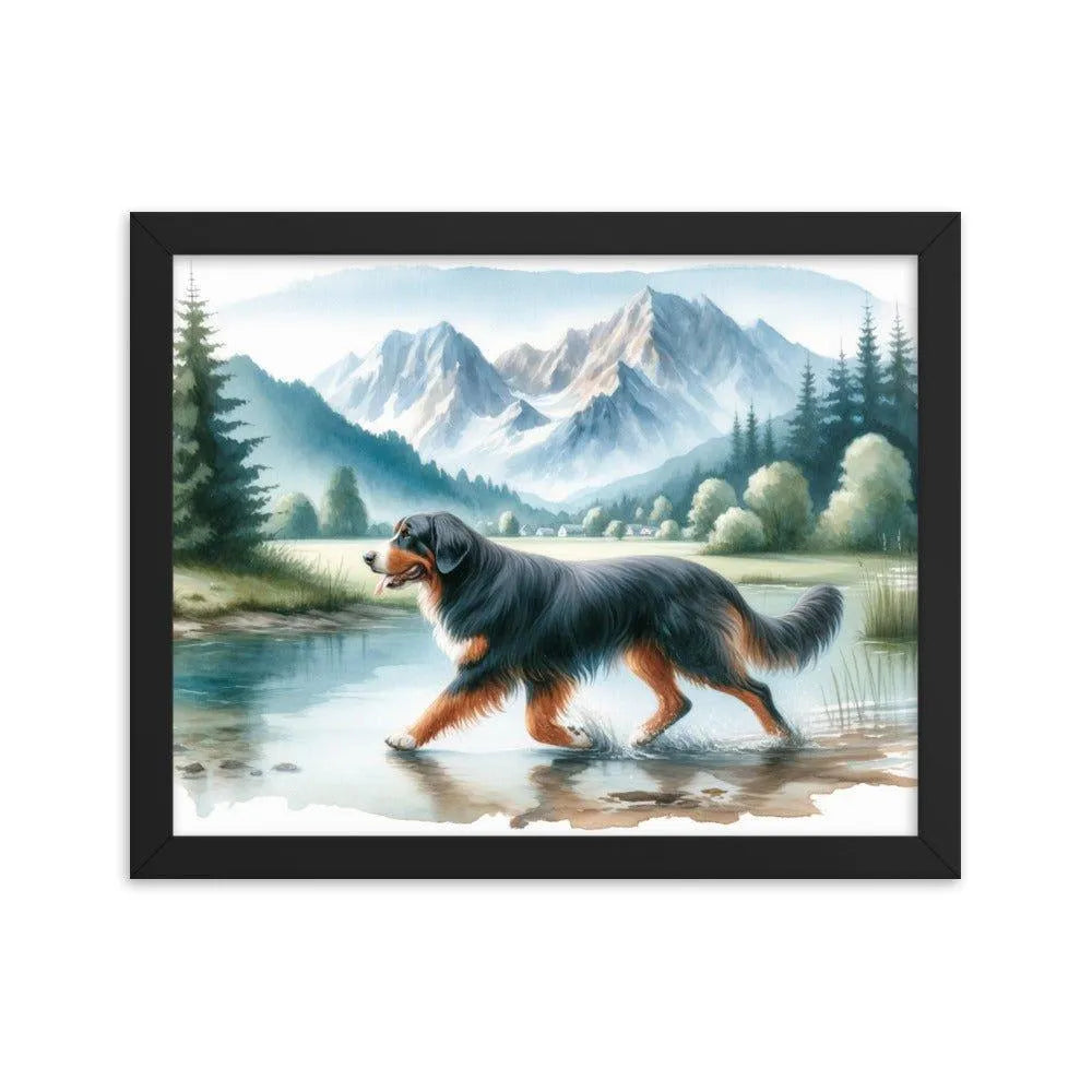 Bavarian Mountain Hound in Mountain Landscape Watercolor Painting Framed Poster - Oh Posters