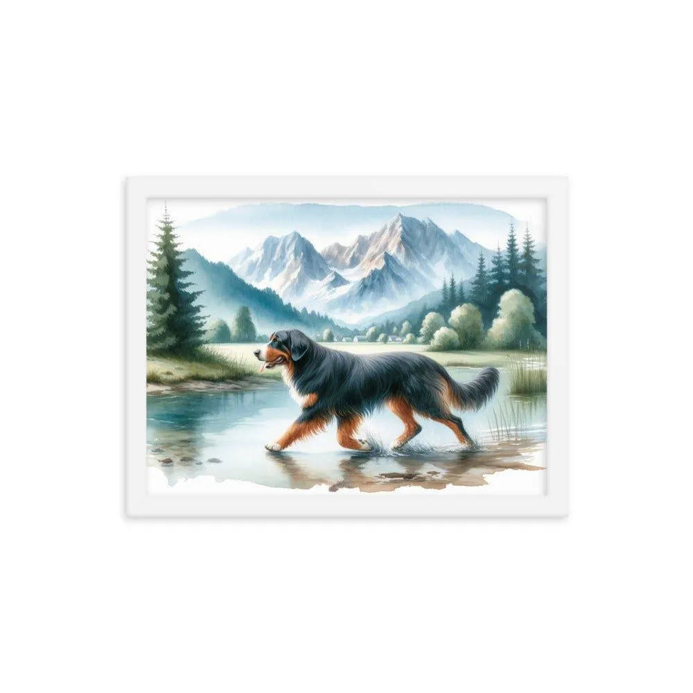 Bavarian Mountain Hound in Mountain Landscape Watercolor Painting Framed Poster - Oh Posters