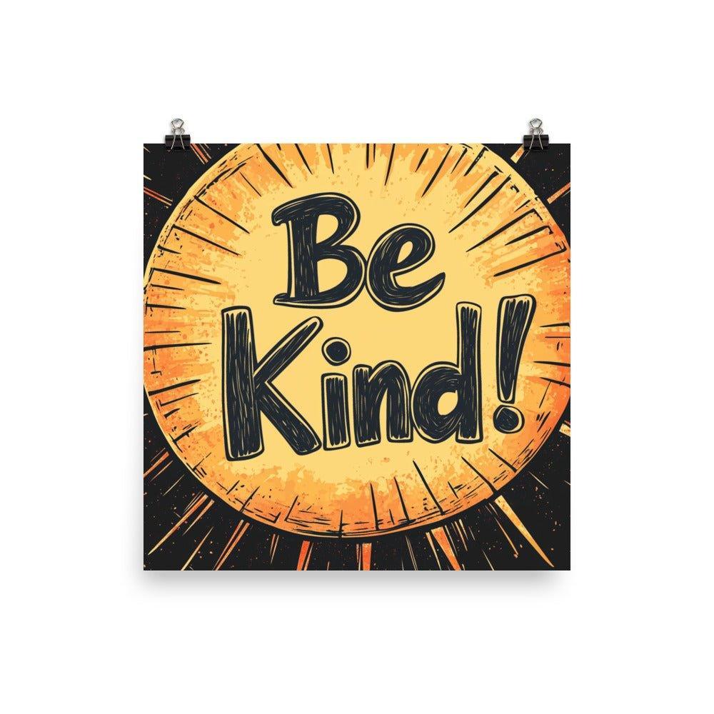 Be Kind Sunburst Design with Retro Typography on Black Poster - Oh Posters