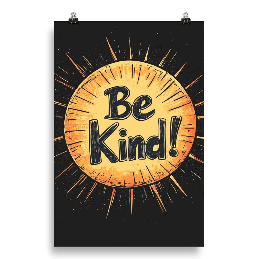 Be Kind Sunburst Design with Retro Typography on Black Poster - Oh Posters