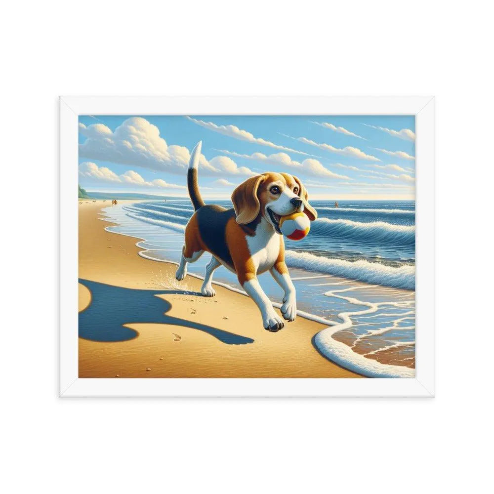 Beagle Playful Chase by the Sea Digital Art Framed Poster - Oh Posters