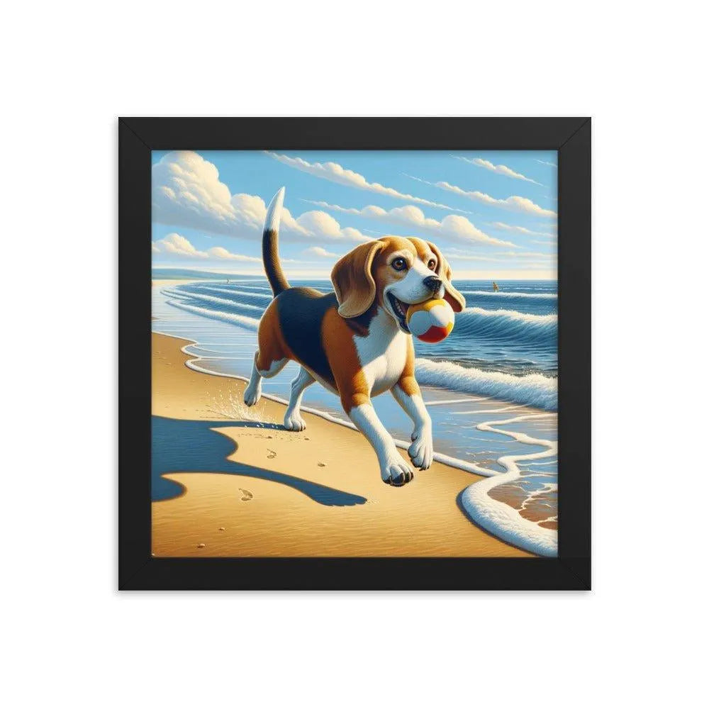 Beagle Playful Chase by the Sea Digital Art Framed Poster - Oh Posters