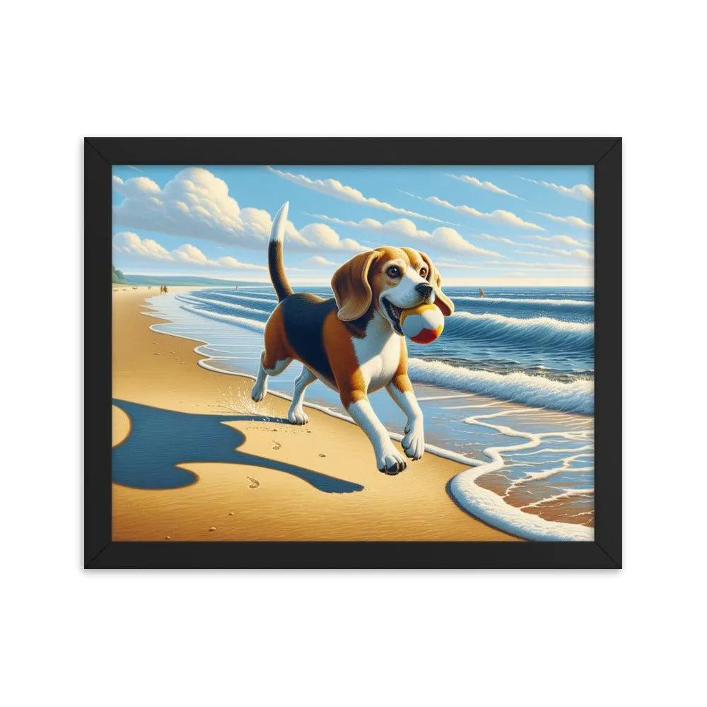 Beagle Playful Chase by the Sea Digital Art Framed Poster - Oh Posters