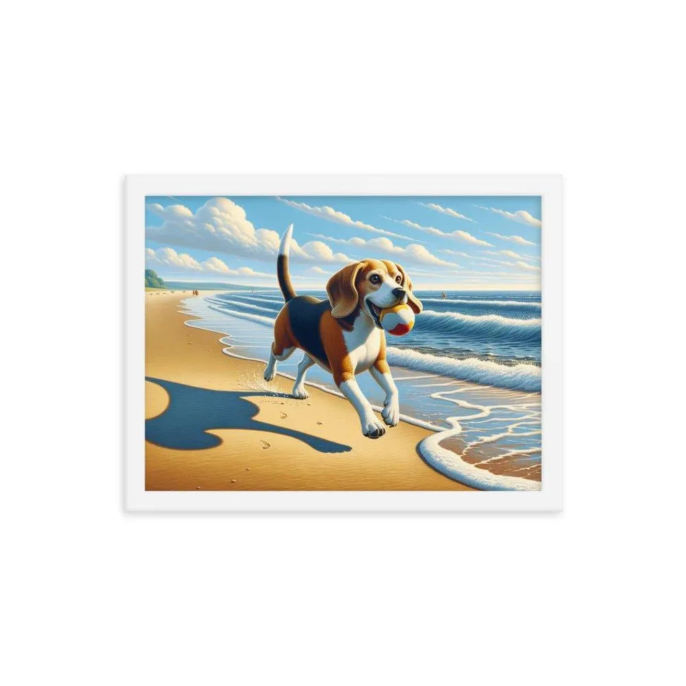 Beagle Playful Chase by the Sea Digital Art Framed Poster - Oh Posters