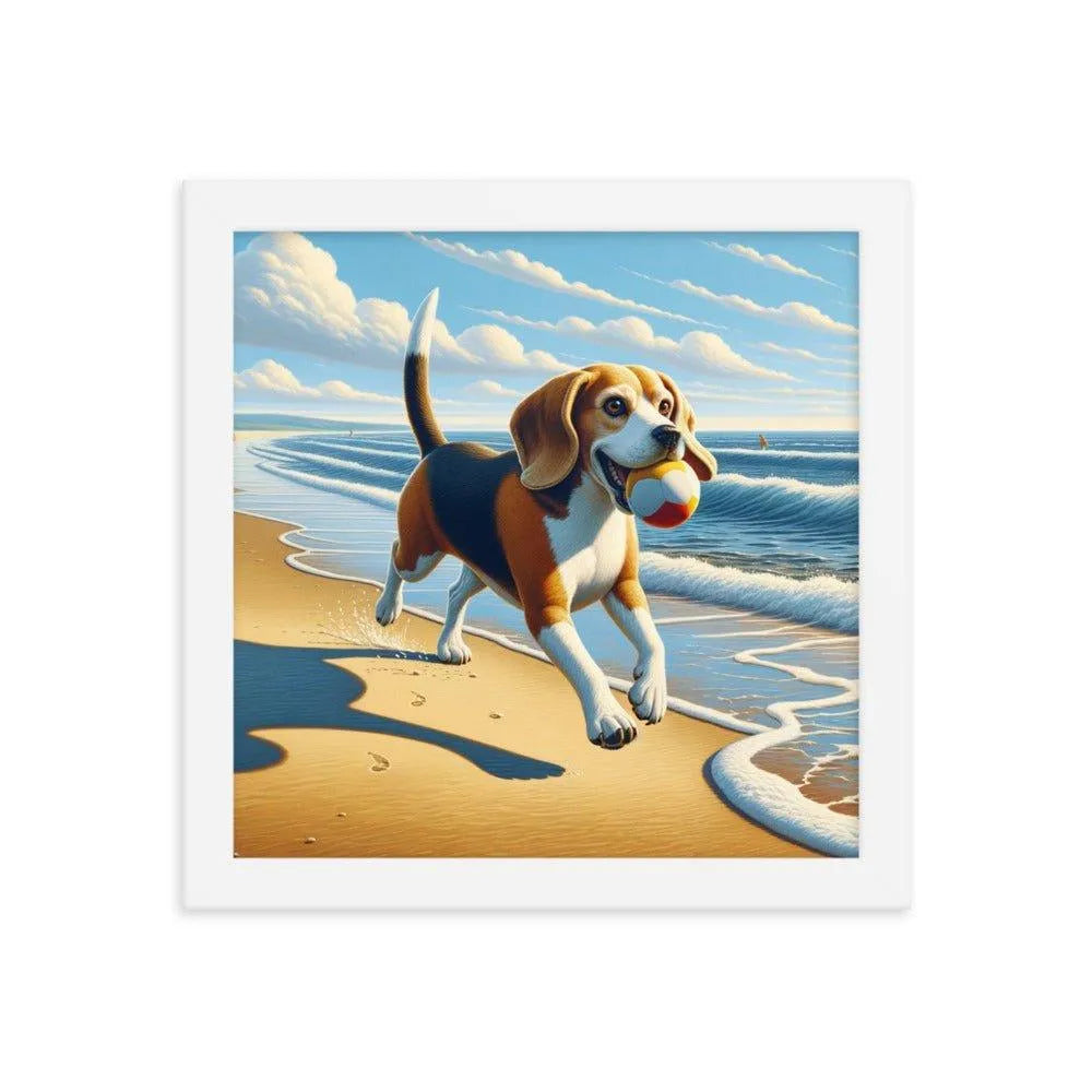 Beagle Playful Chase by the Sea Digital Art Framed Poster - Oh Posters