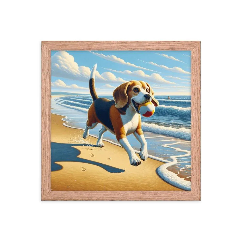 Beagle Playful Chase by the Sea Digital Art Framed Poster - Oh Posters