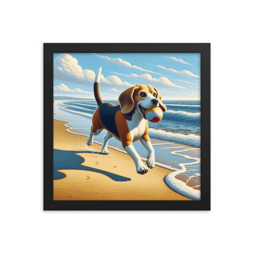 Beagle Playful Chase by the Sea Digital Art Framed Poster - Oh Posters