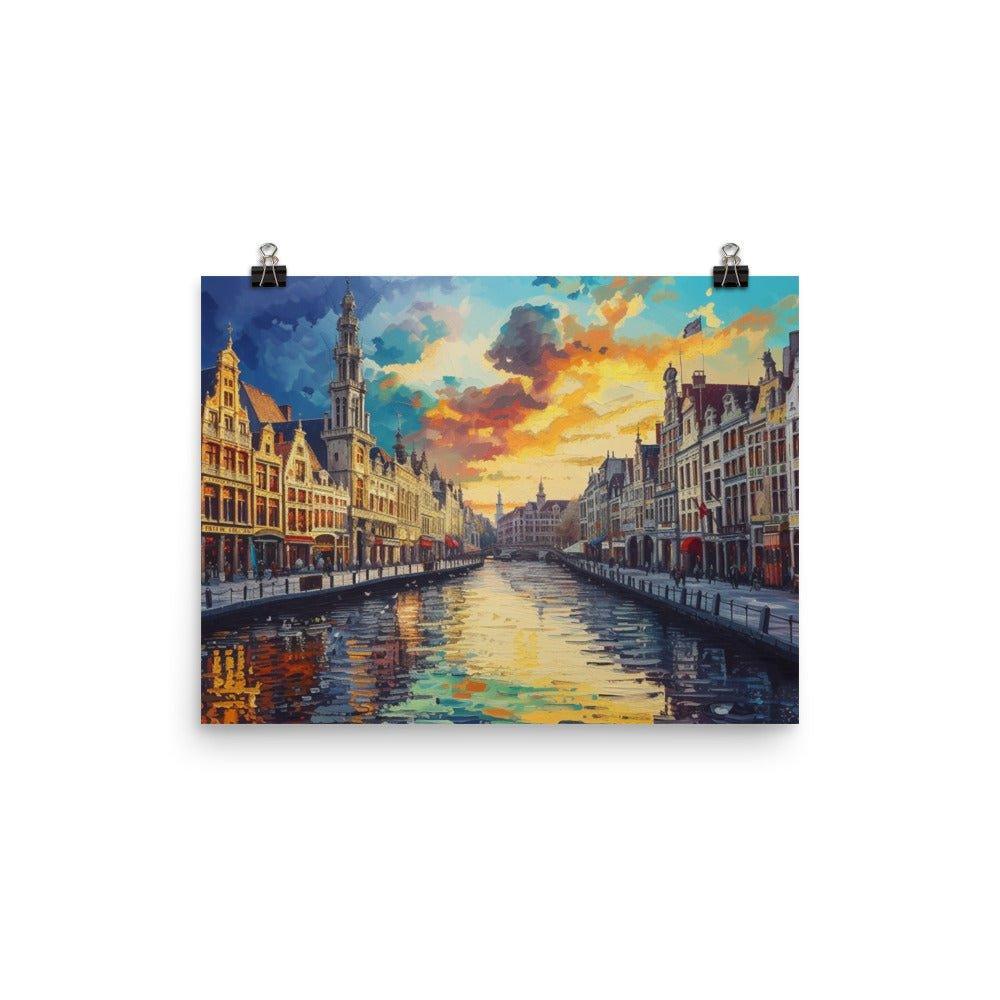 Belgium Canal Vibrant Oil Painting Style Sunset Poster - Oh Posters