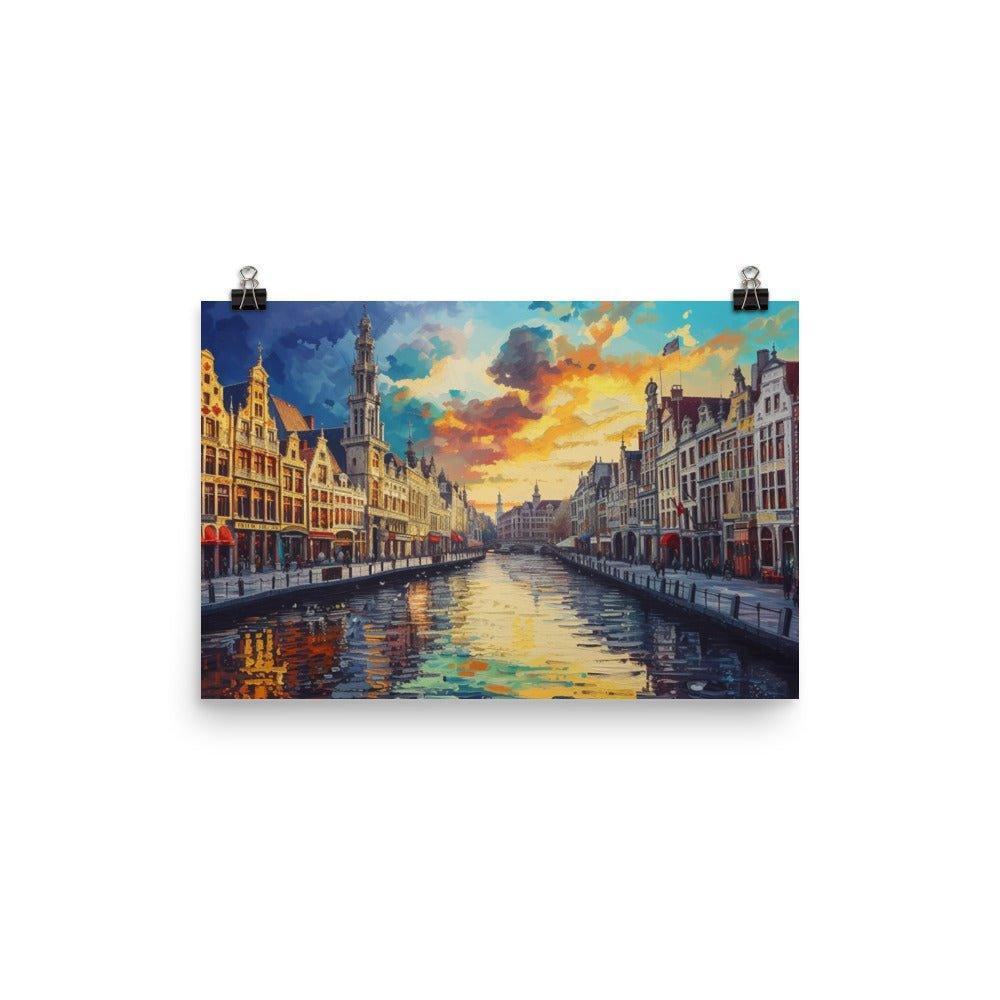 Belgium Canal Vibrant Oil Painting Style Sunset Poster - Oh Posters