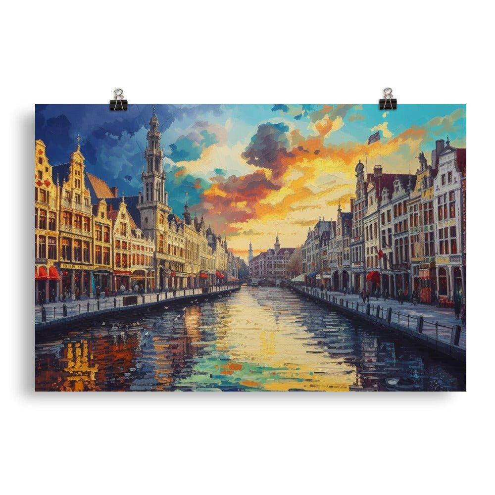 Belgium Canal Vibrant Oil Painting Style Sunset Poster - Oh Posters