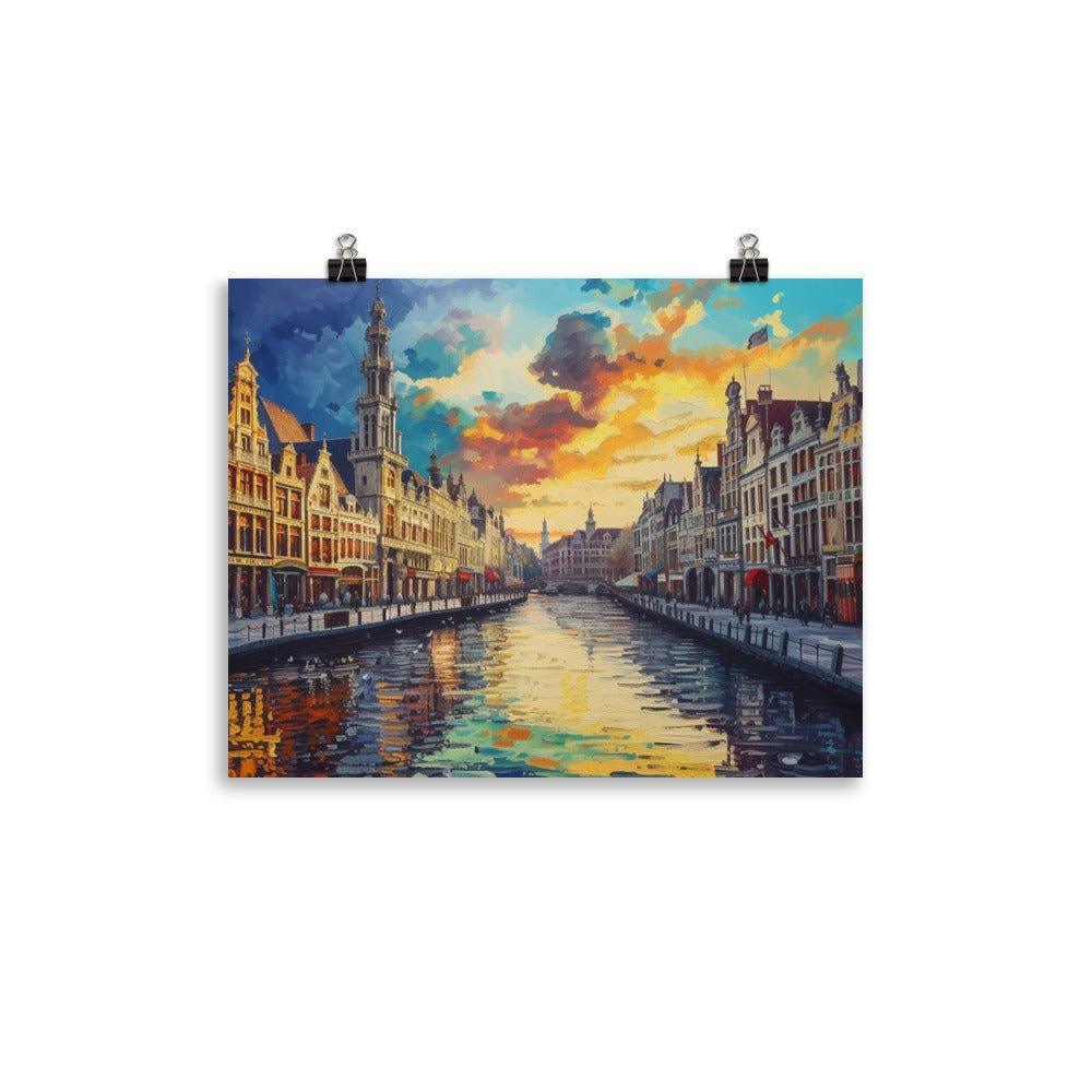 Belgium Canal Vibrant Oil Painting Style Sunset Poster - Oh Posters