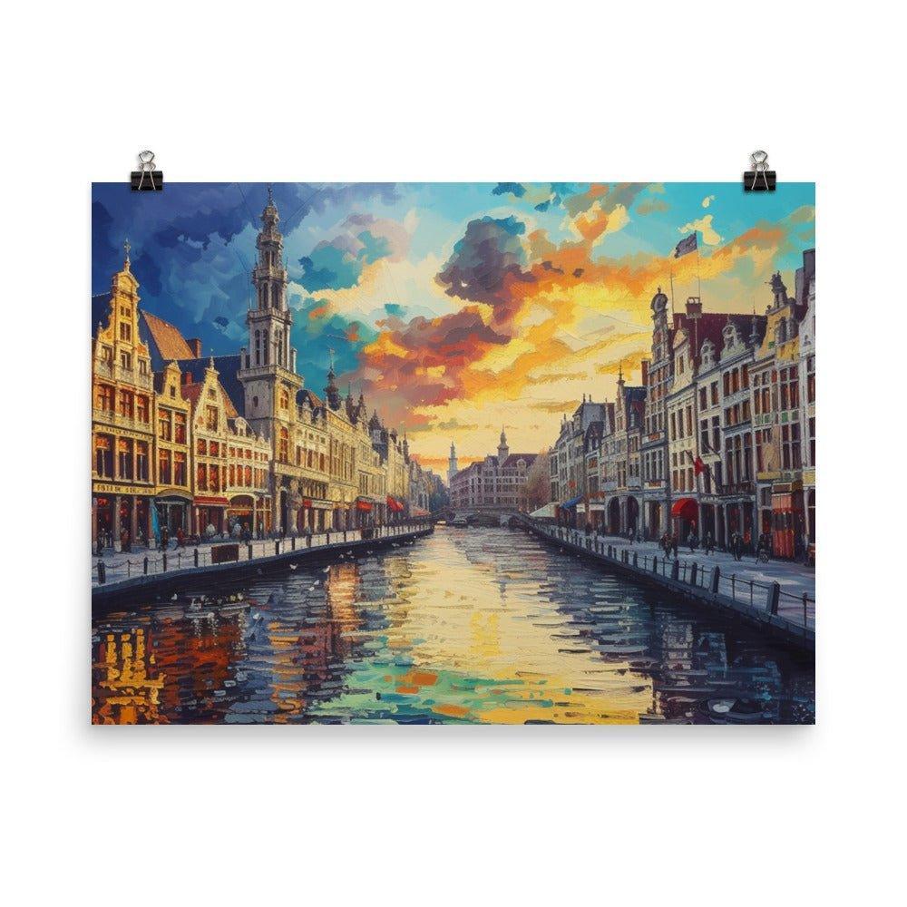 Belgium Canal Vibrant Oil Painting Style Sunset Poster - Oh Posters