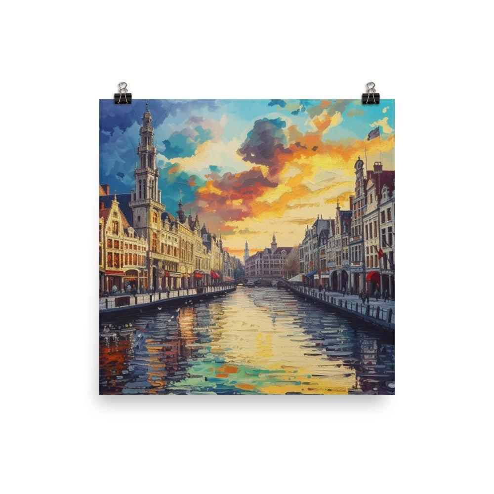 Belgium Canal Vibrant Oil Painting Style Sunset Poster - Oh Posters