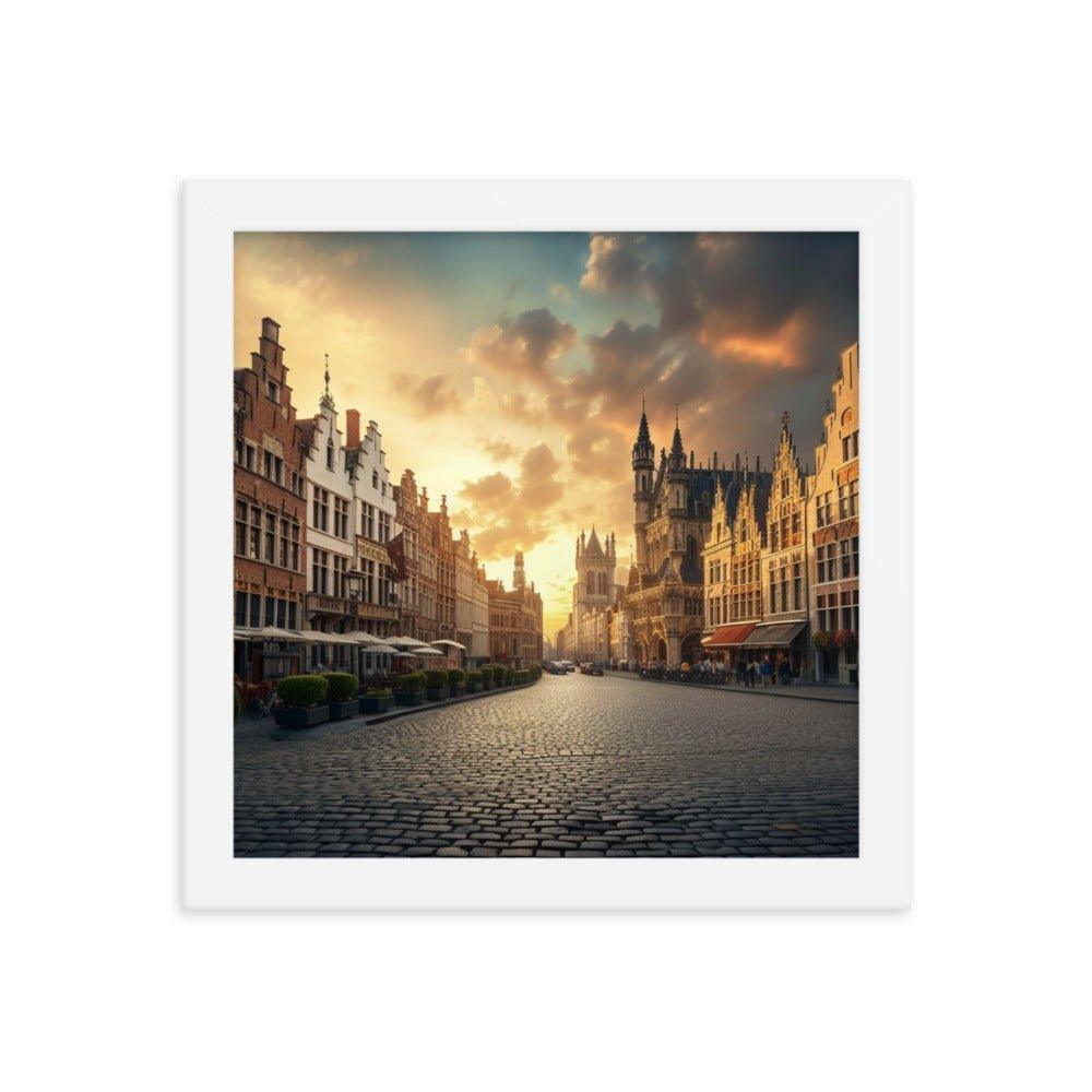 Belgium Cobblestone Street Sunset Scenic View Framed Poster - Oh Posters