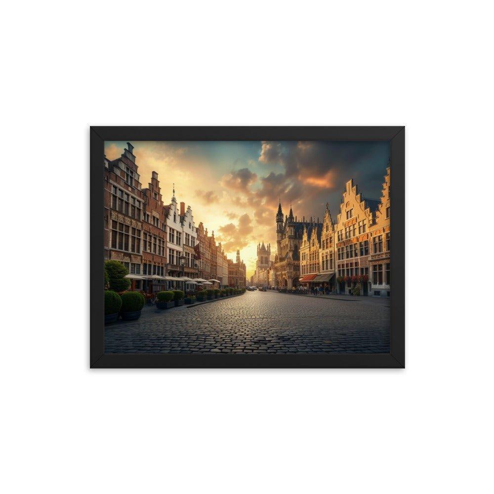 Belgium Cobblestone Street Sunset Scenic View Framed Poster - Oh Posters