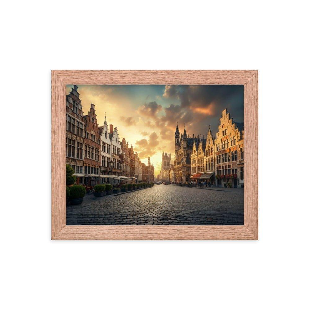 Belgium Cobblestone Street Sunset Scenic View Framed Poster - Oh Posters