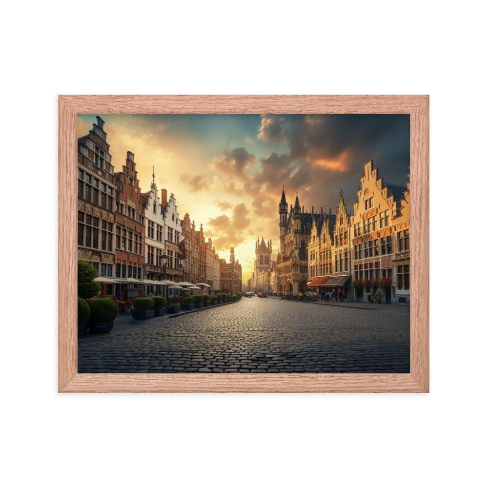 Belgium Cobblestone Street Sunset Scenic View Framed Poster - Oh Posters