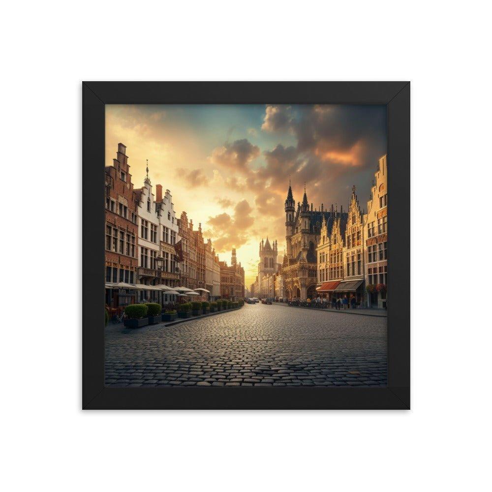 Belgium Cobblestone Street Sunset Scenic View Framed Poster - Oh Posters