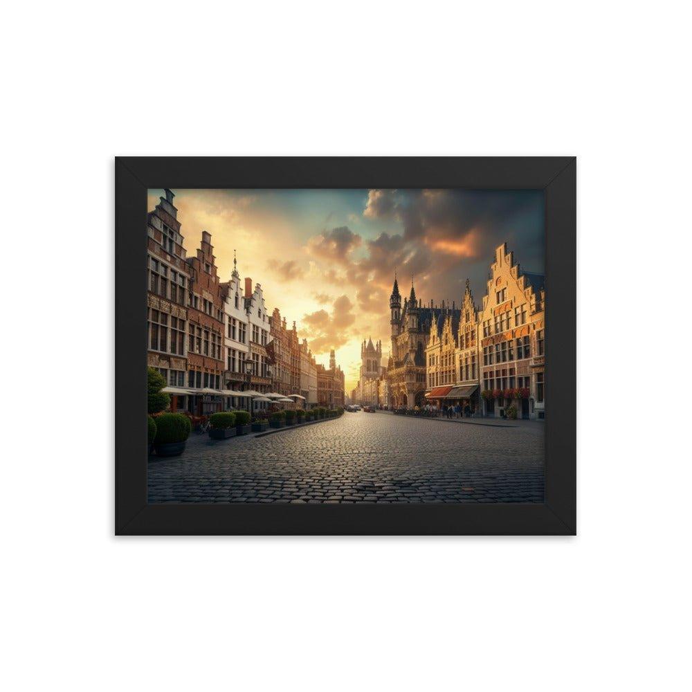 Belgium Cobblestone Street Sunset Scenic View Framed Poster - Oh Posters