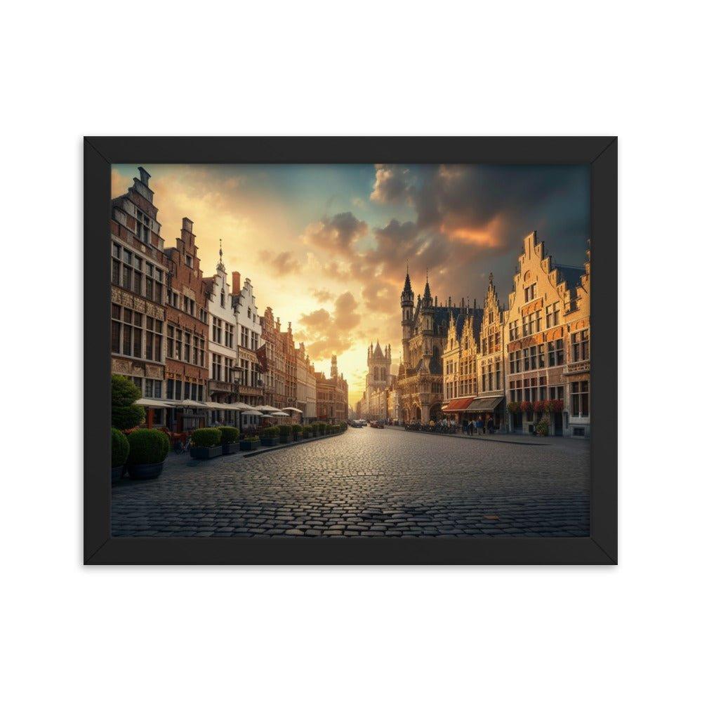 Belgium Cobblestone Street Sunset Scenic View Framed Poster - Oh Posters