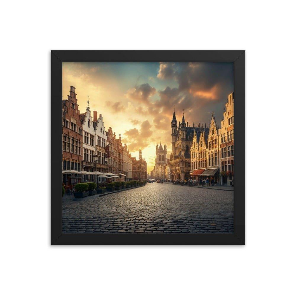 Belgium Cobblestone Street Sunset Scenic View Framed Poster - Oh Posters