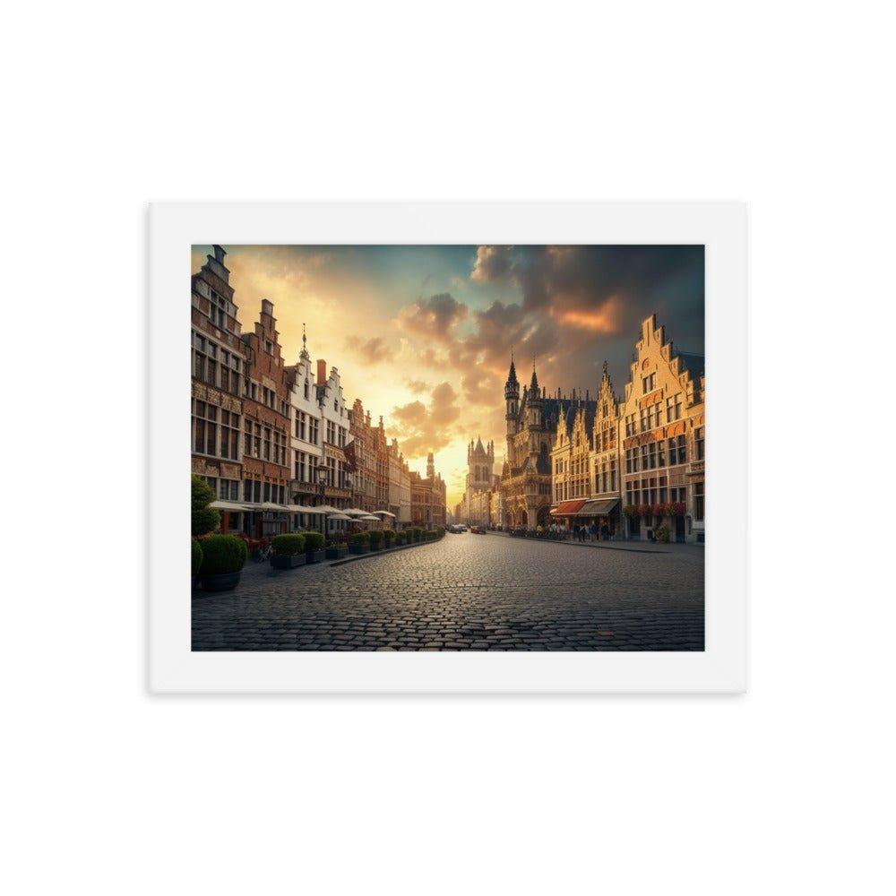 Belgium Cobblestone Street Sunset Scenic View Framed Poster - Oh Posters