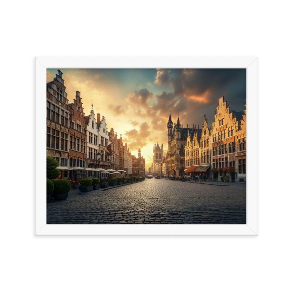 Belgium Cobblestone Street Sunset Scenic View Framed Poster - Oh Posters