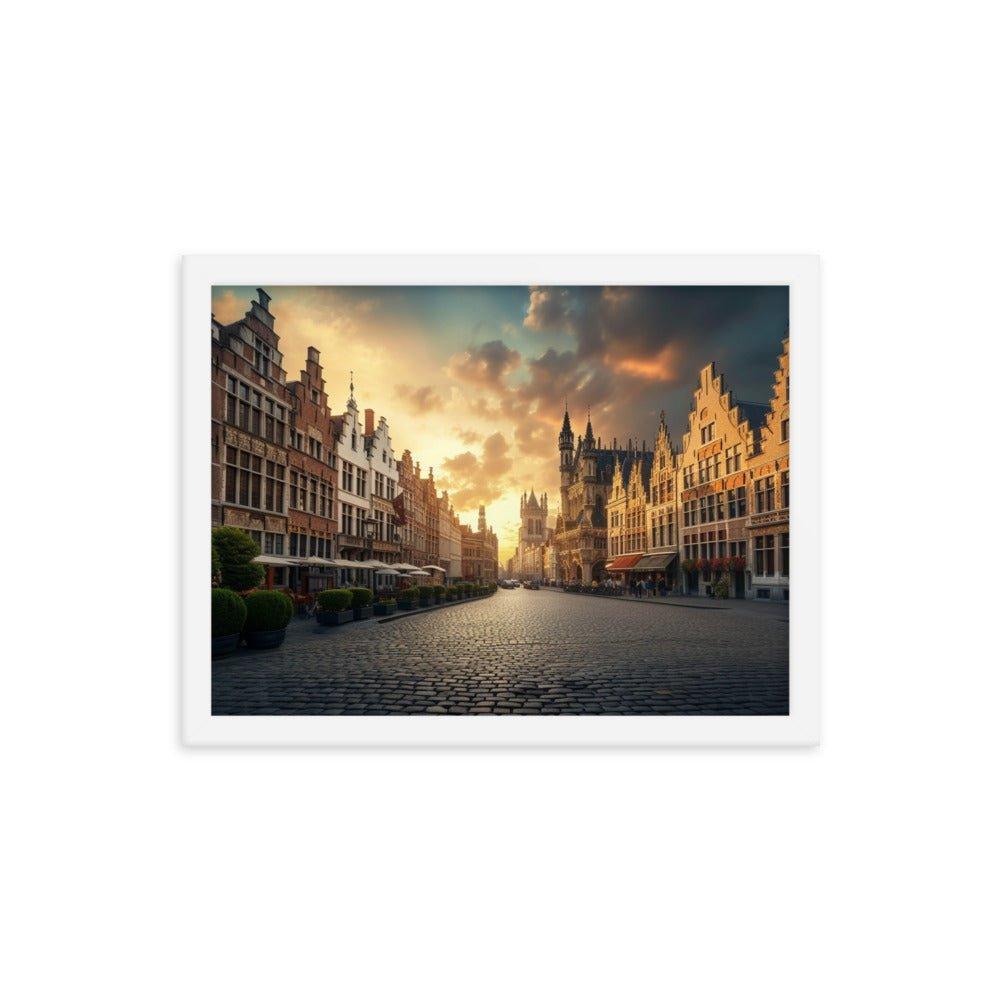 Belgium Cobblestone Street Sunset Scenic View Framed Poster - Oh Posters