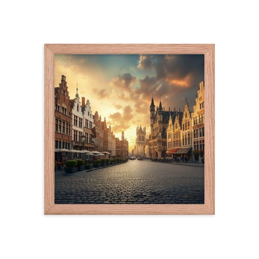 Belgium Cobblestone Street Sunset Scenic View Framed Poster - Oh Posters
