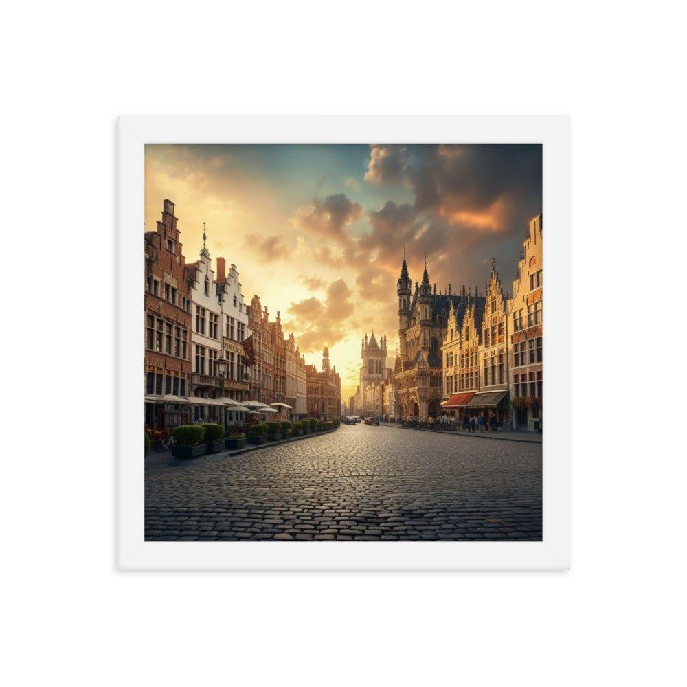 Belgium Cobblestone Street Sunset Scenic View Framed Poster - Oh Posters