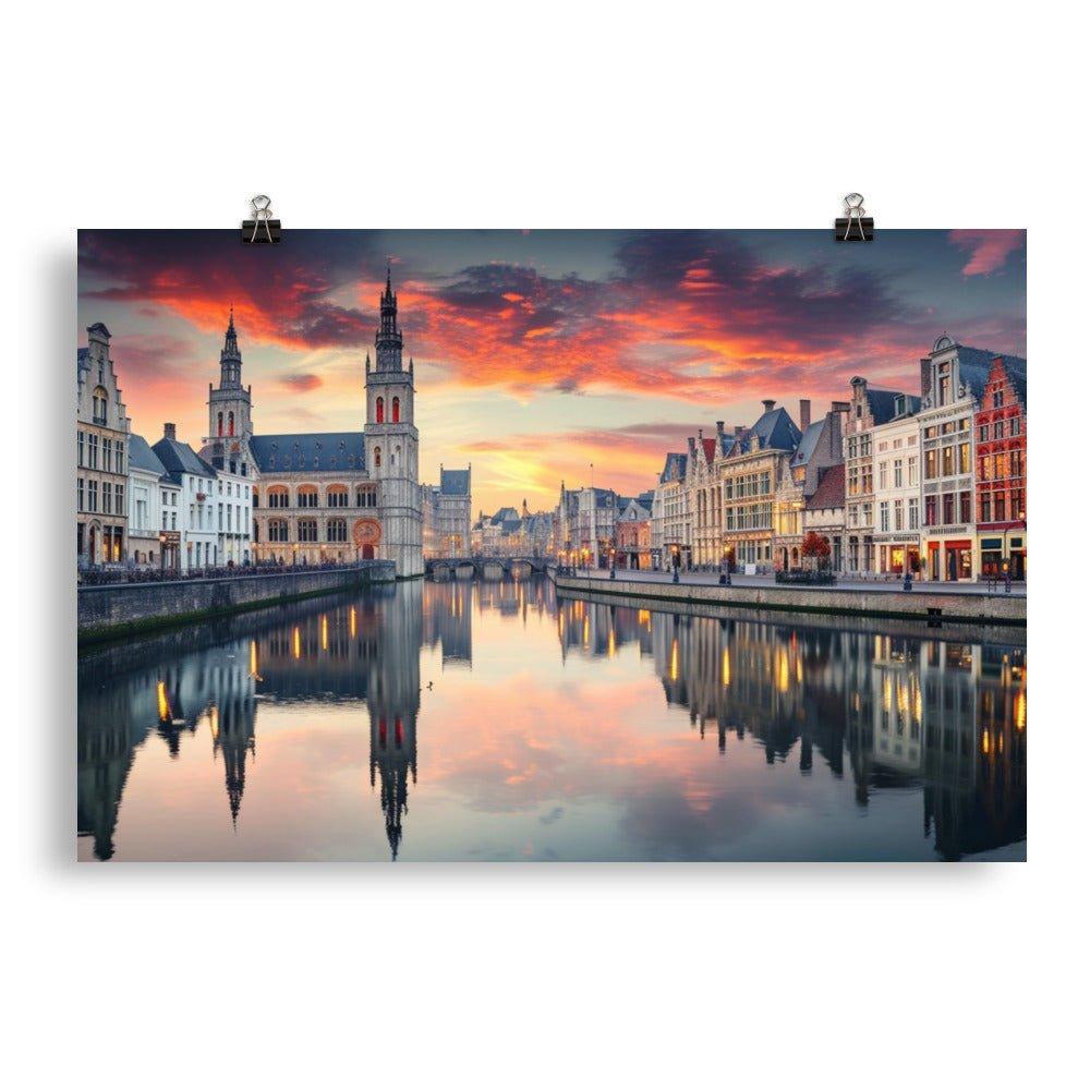 Belgium Historic City Canal Twilight Reflection Poster - Oh Posters