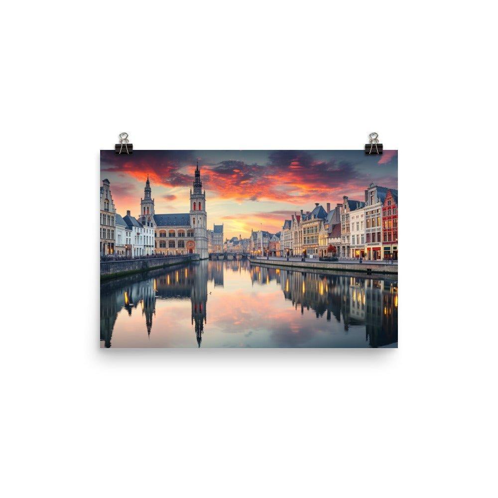 Belgium Historic City Canal Twilight Reflection Poster - Oh Posters