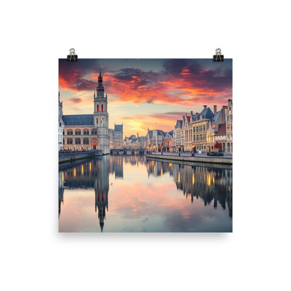 Belgium Historic City Canal Twilight Reflection Poster - Oh Posters