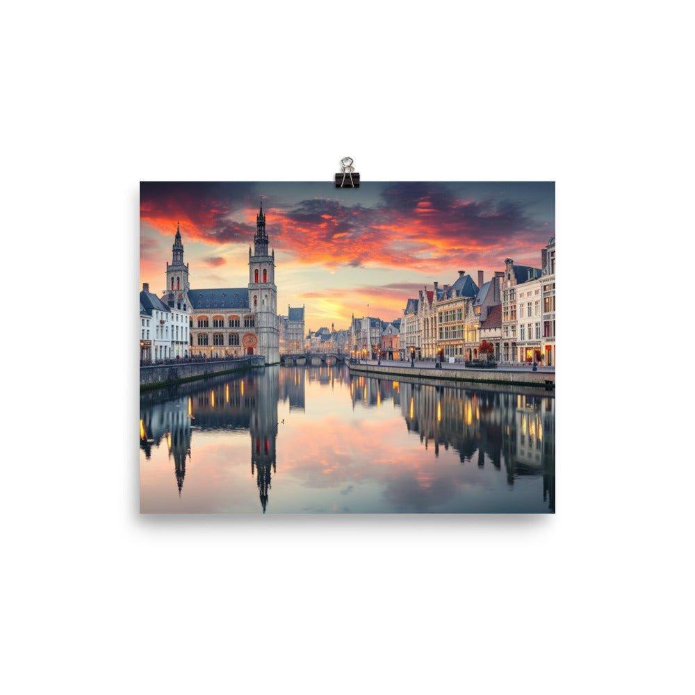 Belgium Historic City Canal Twilight Reflection Poster - Oh Posters