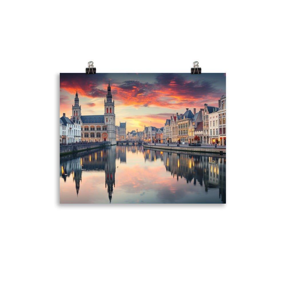 Belgium Historic City Canal Twilight Reflection Poster - Oh Posters