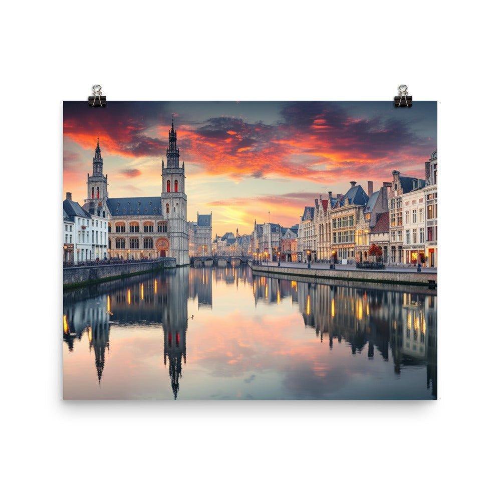 Belgium Historic City Canal Twilight Reflection Poster - Oh Posters