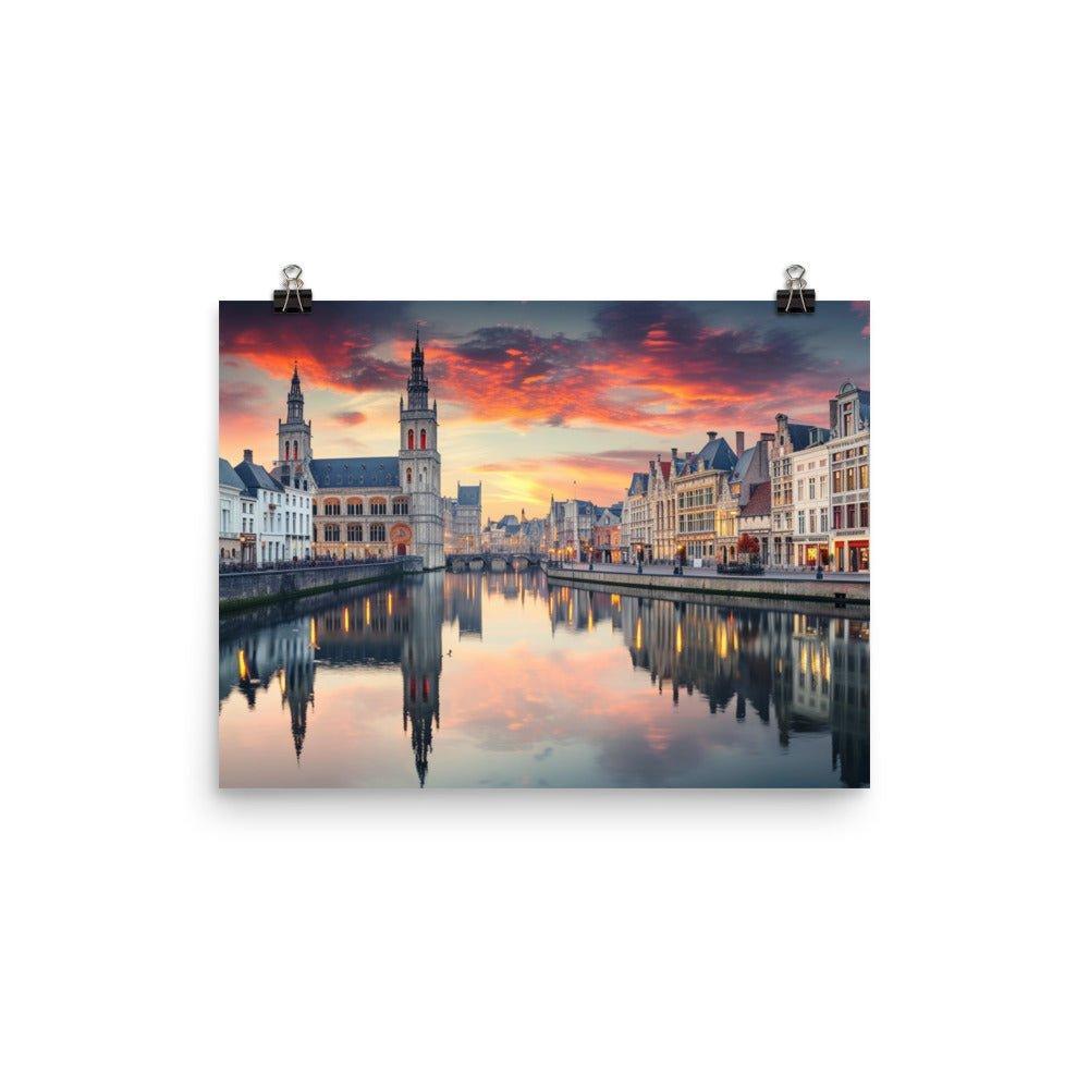 Belgium Historic City Canal Twilight Reflection Poster - Oh Posters