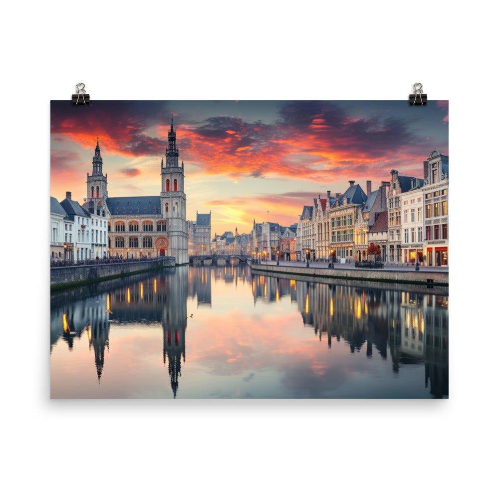 Belgium Historic City Canal Twilight Reflection Poster - Oh Posters